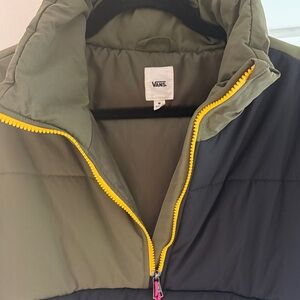 Vans Black and Olive Puffer Jacket with Pink Accents